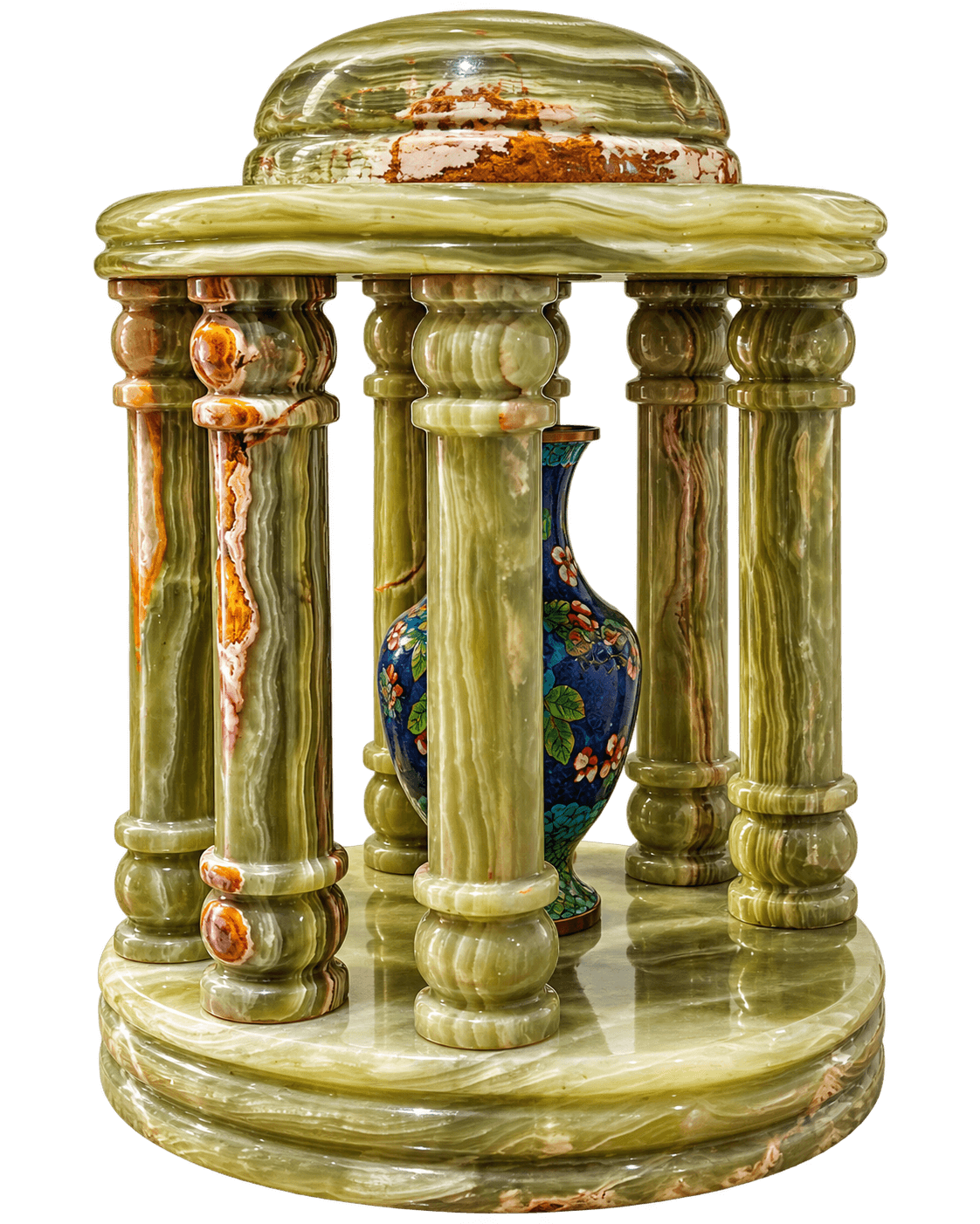 Carved green onyx gazebo sculpture with an inset cloisonne vase