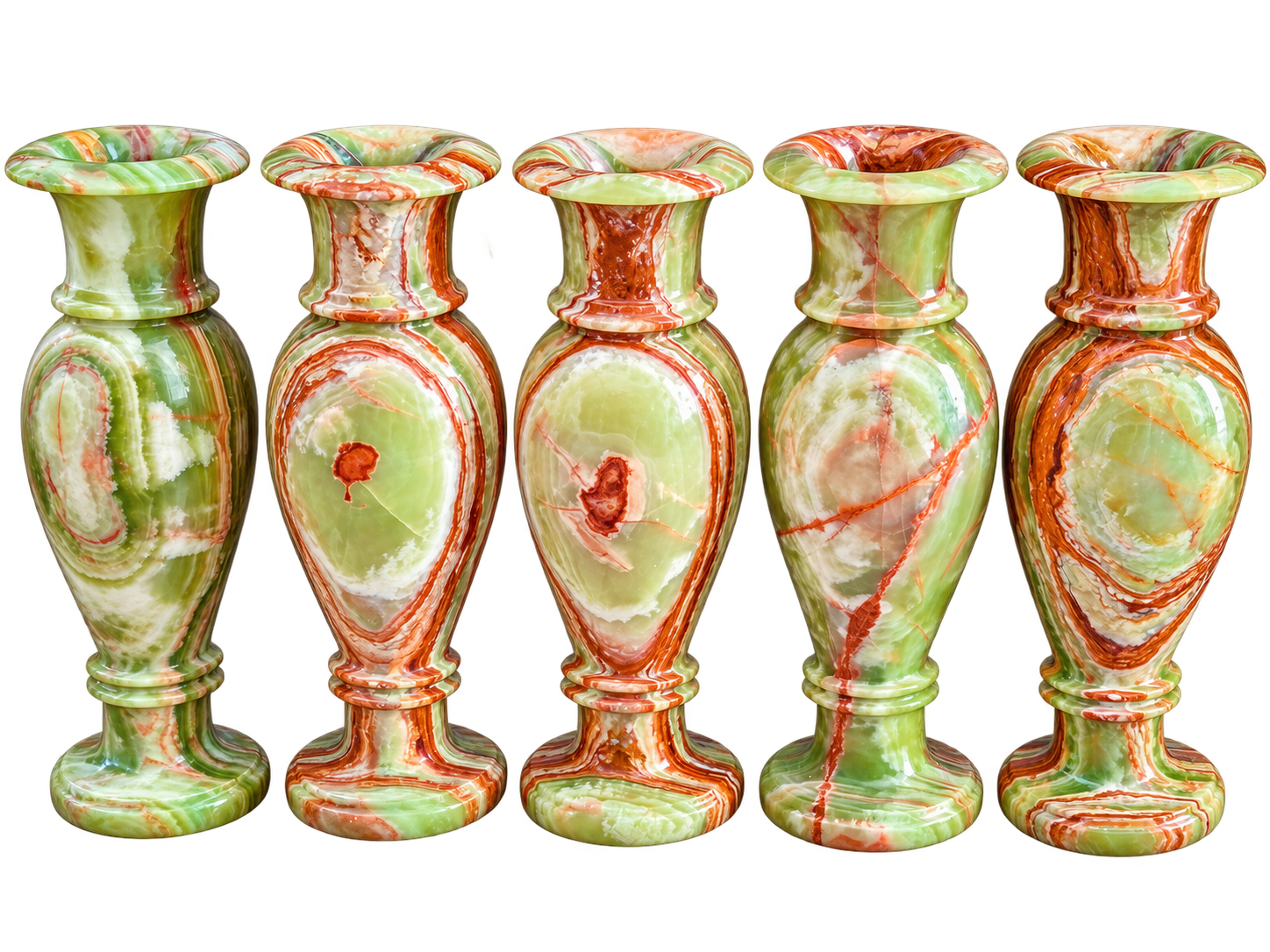 Row of five hand-finished green and red onyx vases showing natural veining